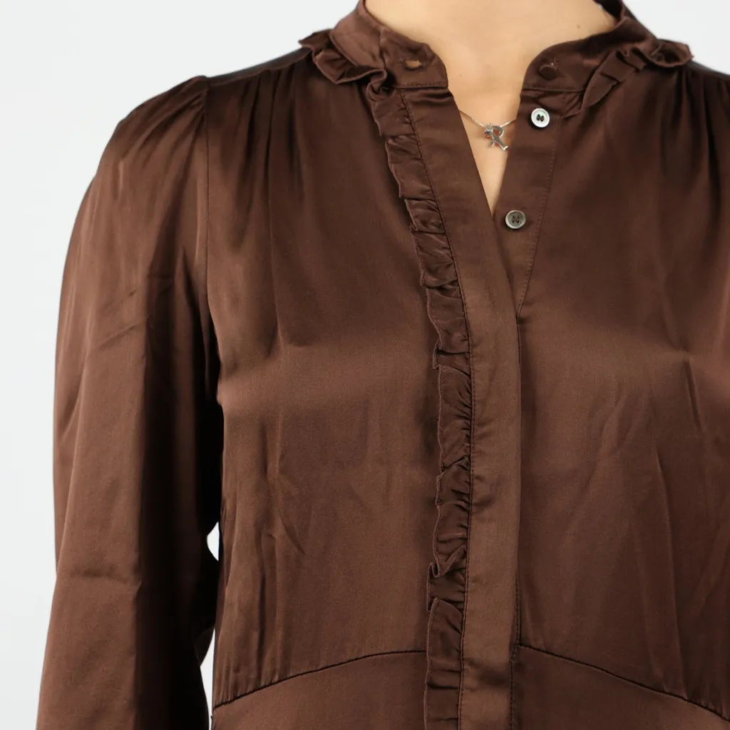 Jigsaw Silk Satin Ruffle Shirt Brown Midi Dress Size 4 - Image 4