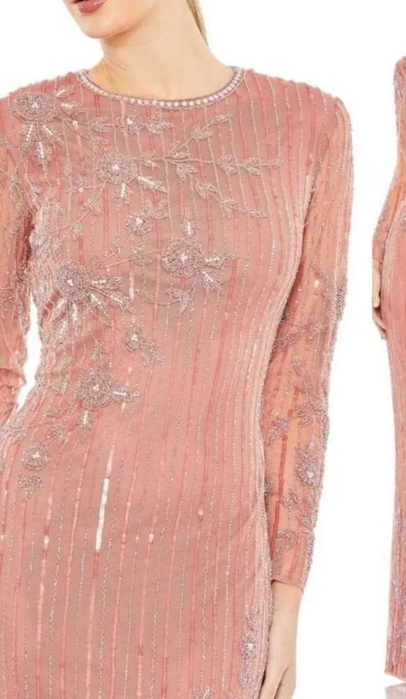 Mac Duggal 93626 High Neck Illusion Embellished Gown Dress Rose 14 - Image 2