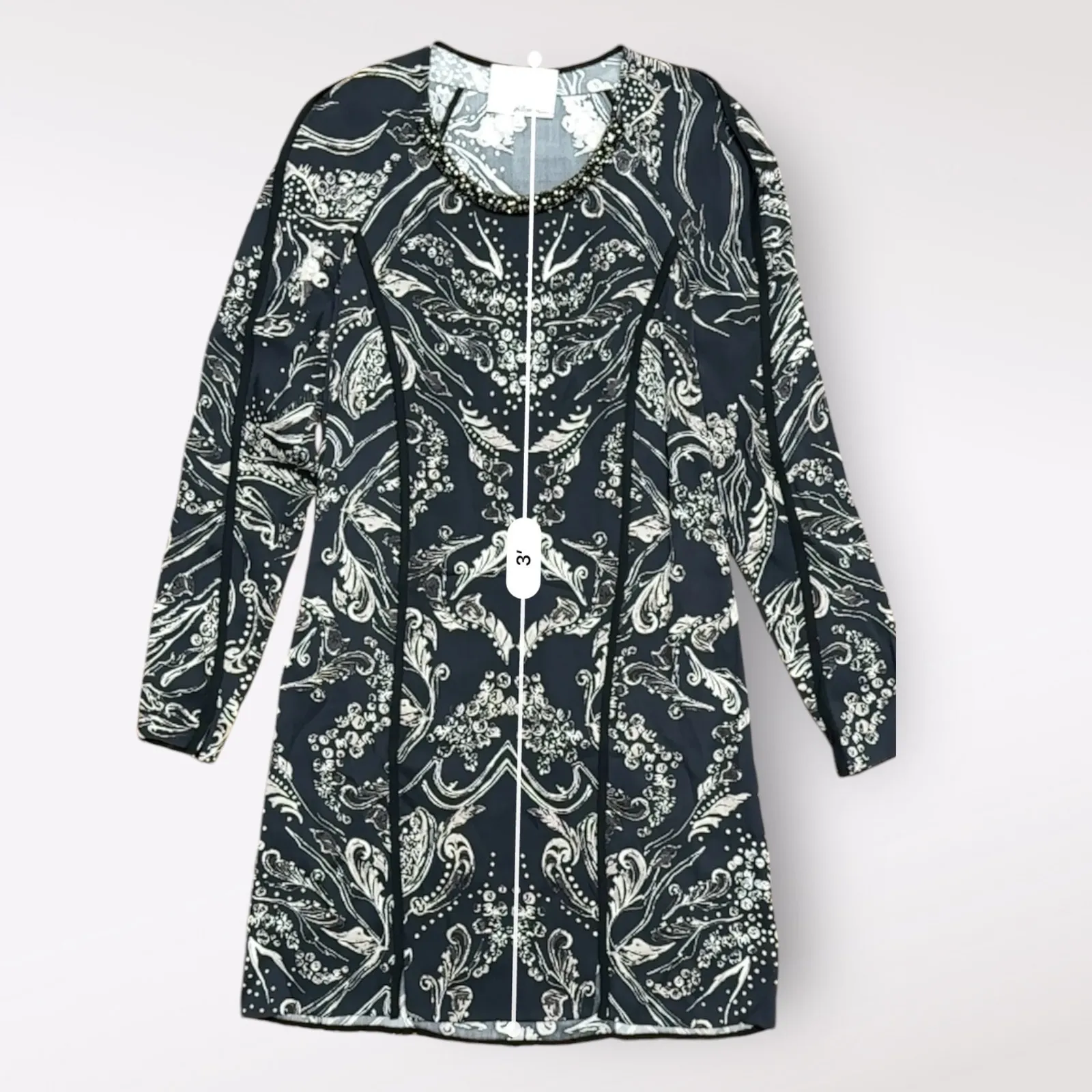 3.1 Phillip Lim Black and White Beaded Collar Long Sleeve Silk Dress Size 4 - Image 4