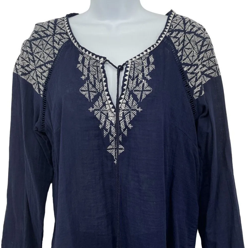 Daniel Rainn Embroidered Long Sleeve Semi Sheer Boho Tassel Top Blouse Blue - Image 3