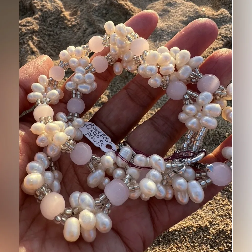 Pearl Rose Quartz Clear Bead Pink Necklace Bracelet Set - Image 6