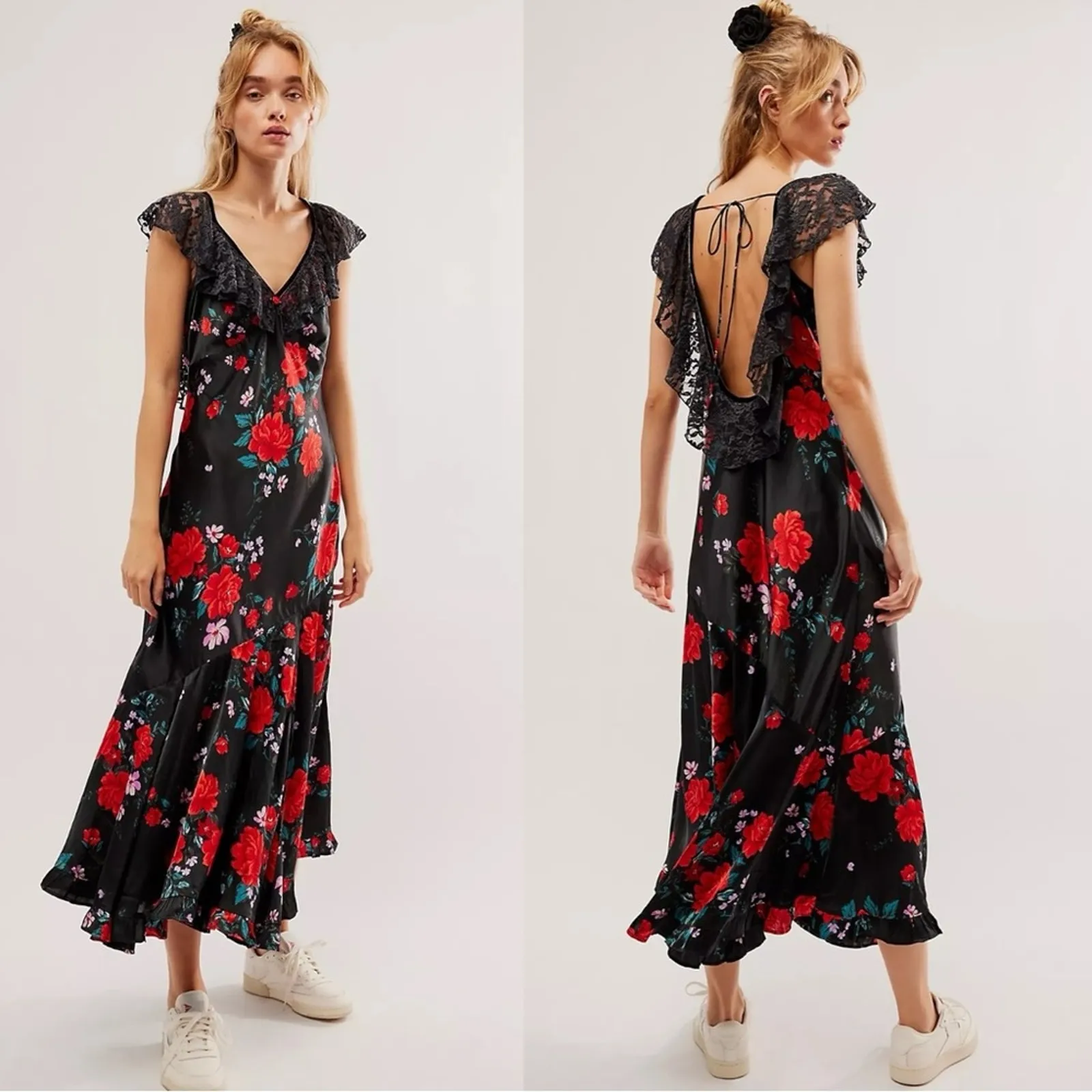 Free People Warm Hearts Satin Midi Dress Size Large Lace Floral Dainty Romantic - Image 3