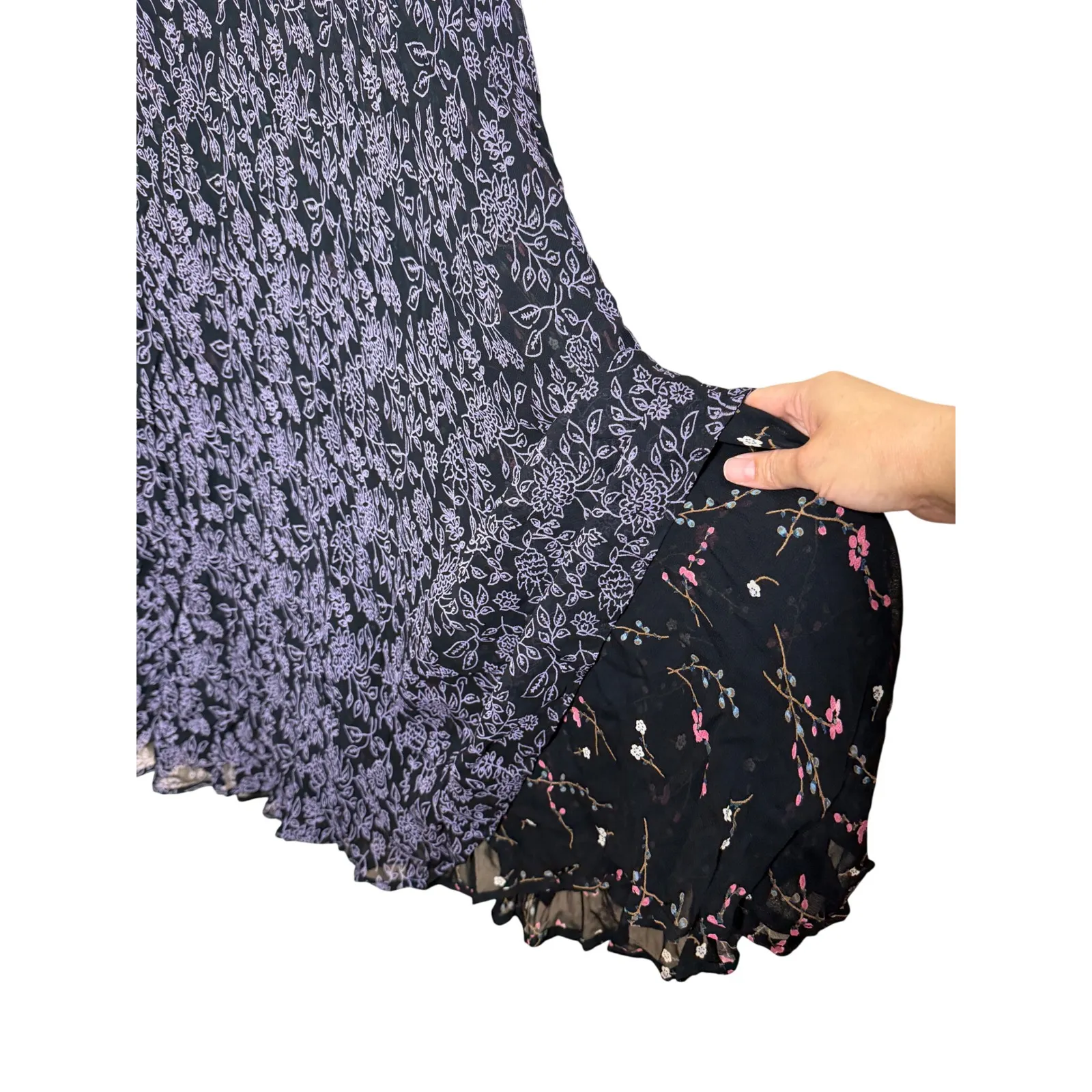 Carol Anderson Reversible Black Floral Maxi Skirt M Ruffle Hem Sheer Overlay Size M - Image 2