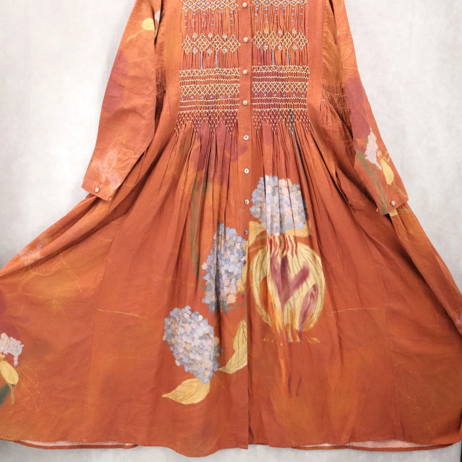 Boho Cottage Cotton Rust Floral Earthy Prairie Artsy Folk Peasant Maxi Dress XXL Orange - Image 6