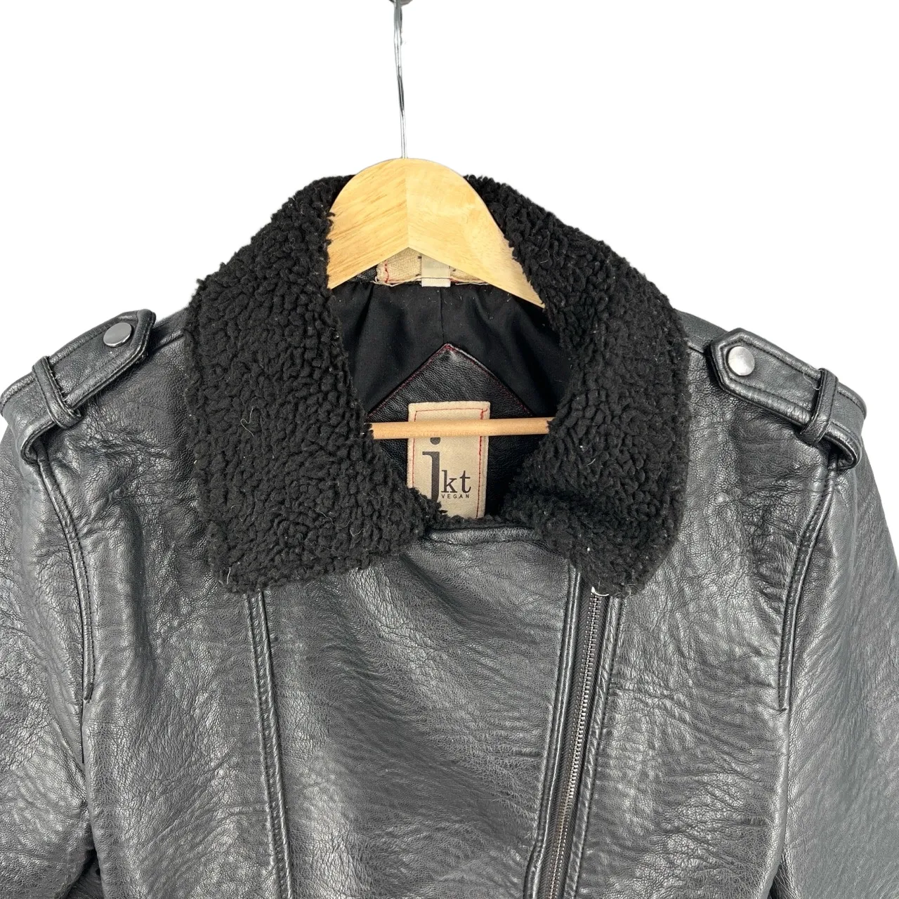 JKT Vegan Black Faux Leather Moto Biker Jacket Shearling Collar Women’s M Size M - Image 2