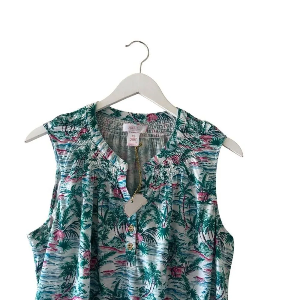 Stella Parker Sleeveless Print Palm Trees Turquoise Beach Top SZ XL # 2510 Green - Image 2