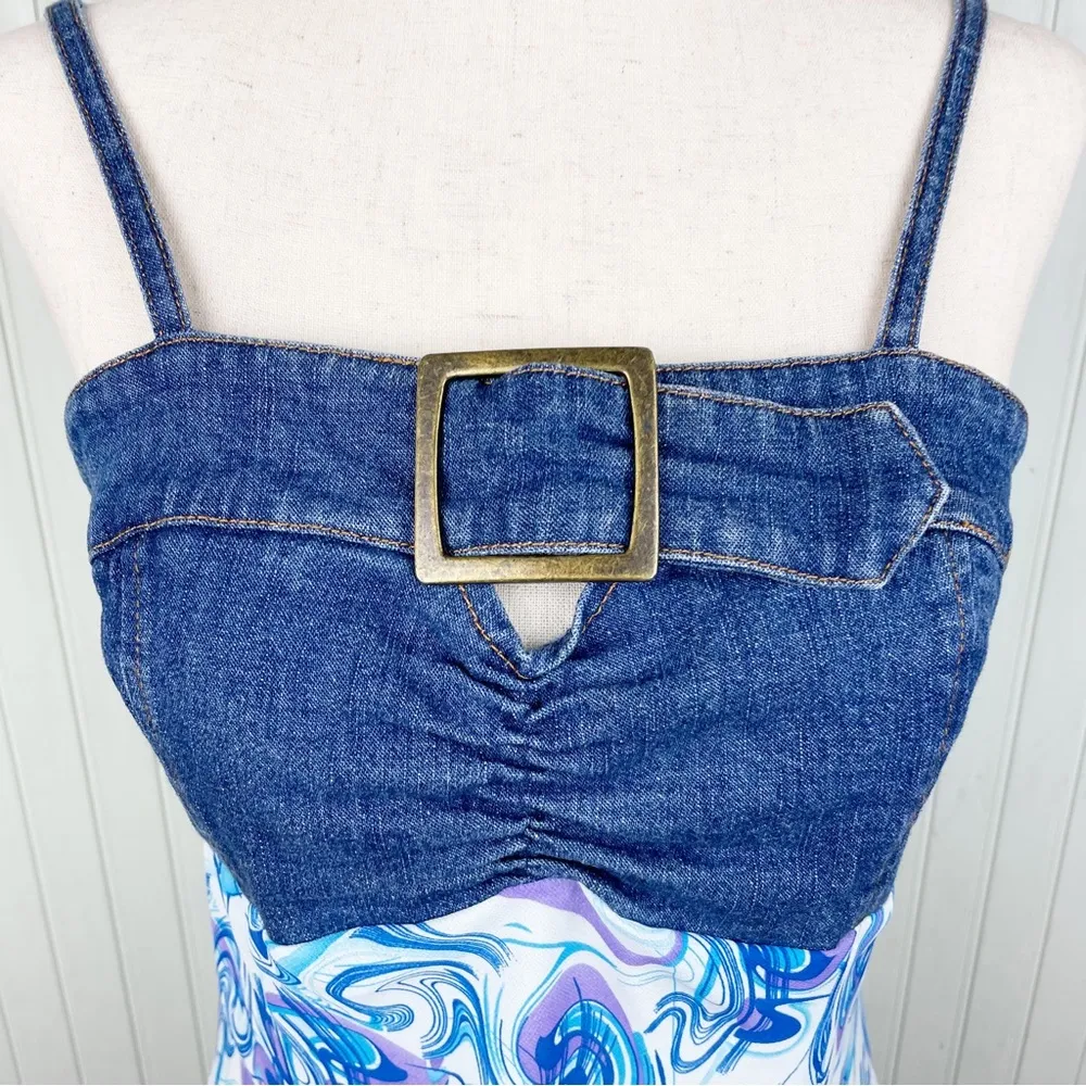 Vintage Y2K Metro Style Stretch Denim Buckle Tank Blue Purple Printed Scarf Top - Image 4