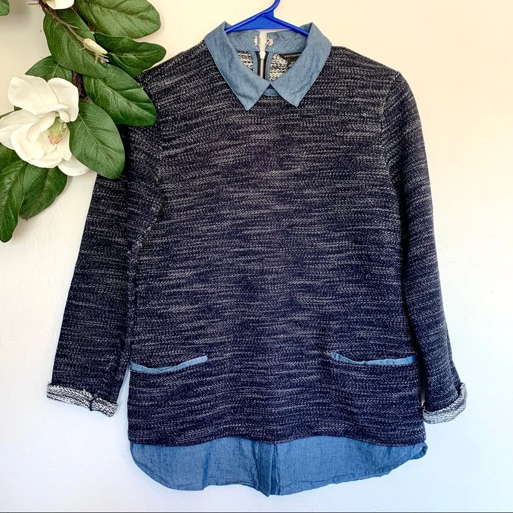 Ann Taylor Tweed Layered Pullover Navy Blouse XS - Image 4