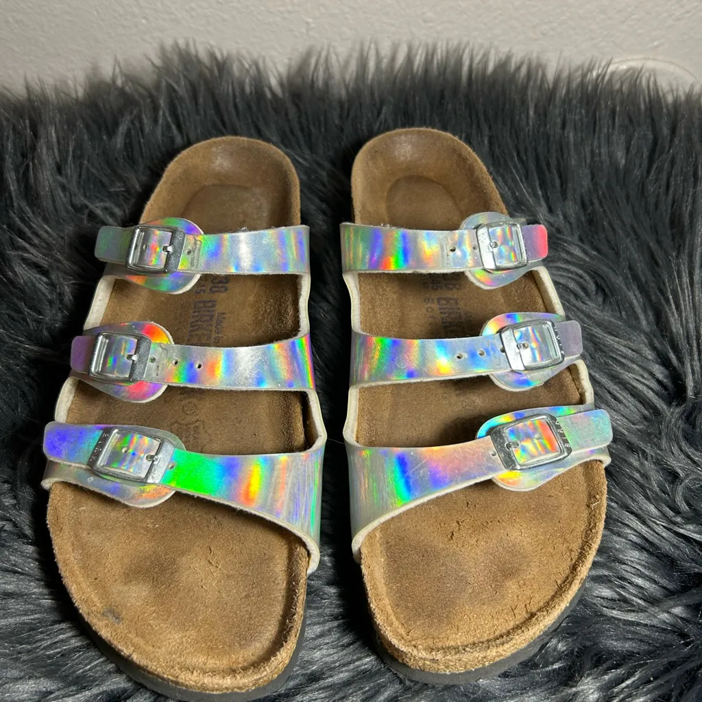 Birkenstock Florida Three-Strap Holographic Silver Slide Sandal SzEU38 L7 - M5 - Image 2