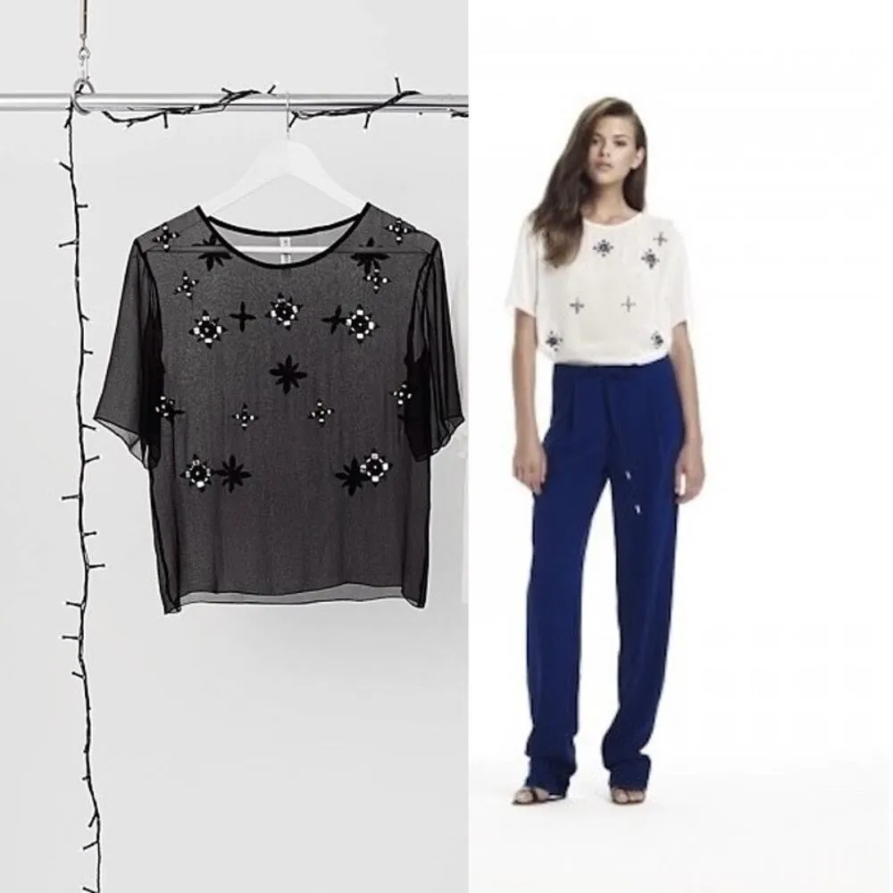 Black Silk Chiffon Sencha Star Embellished Short-Sleeve Tee Blouse - Image 2