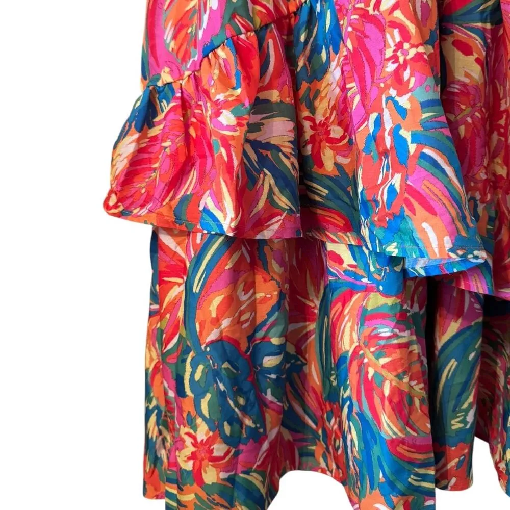 Flying Tomato M Vibrant Floral Print Tiered Midi Dress Ruffle Strappy EUC - Image 4