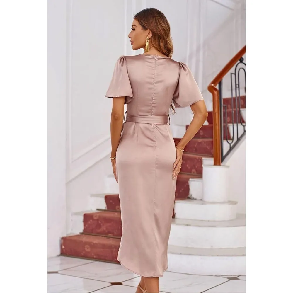 NEW Satin Short Cocktail Midi Dress Pink Large NO BELT Pink - Image 2
