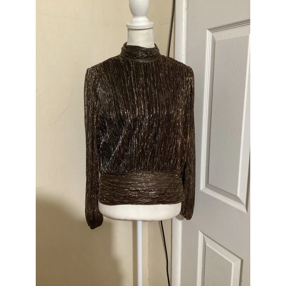 Bailey 44 Top Womens XS Black Gold Metallic Long Sleeve Mock Neck Blouse Party - Image 2