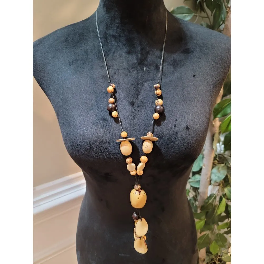 Women's Long Tribal Style Beaded Necklace With Natural Wood And Seed Beads Gold - Image 2