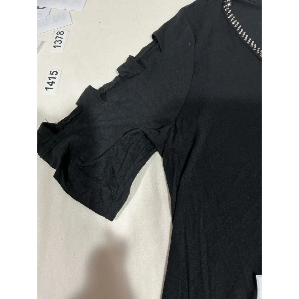 Womans Jlo Black V Neck Rhinestones Peek A Boo Short Sleeve T Shirt Xl - Image 7