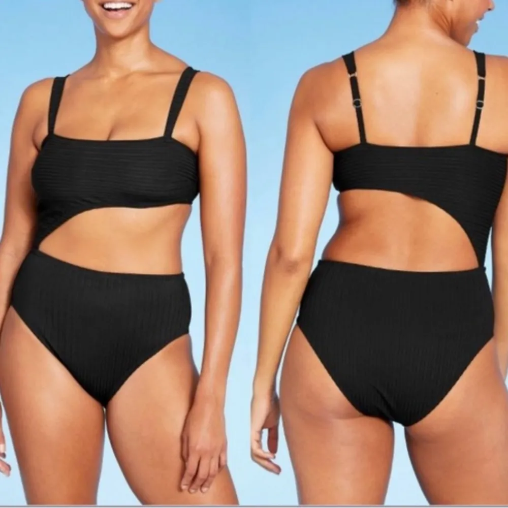 Shade & Shore Black Ribbed Cutout One Piece High Waist Adjustable Straps Size M - Image 2