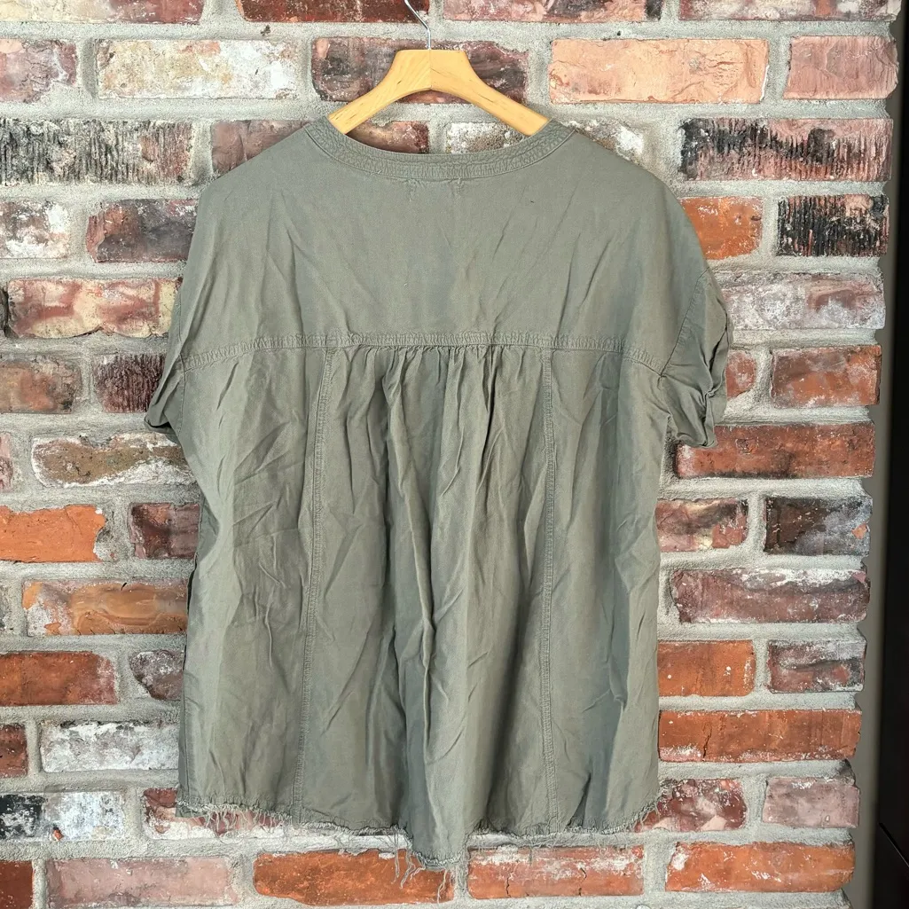 Natural Life Green Linen Blend Babydoll V Neck Short Sleeve T-shirt Top, S - Image 7