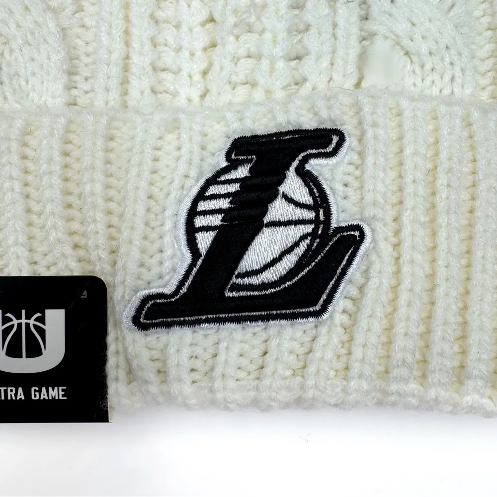 LA Los Angeles Lakers Beanie Womens Cable Knit Winter Hat Faux Fur Pom Cream - Image 3