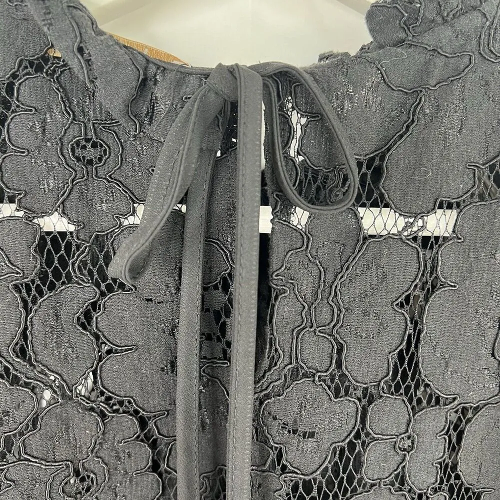 WAYF Size L Erika Black Puff Sleeve Lace Top Neck Bow Tie Sheer Sexy Long Sleeve - Image 7