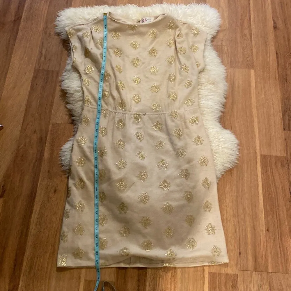 R & K Originals Vintage Short Cap Sleeve Midi Dress Tan & Gold Threaded Sz Small - Image 11