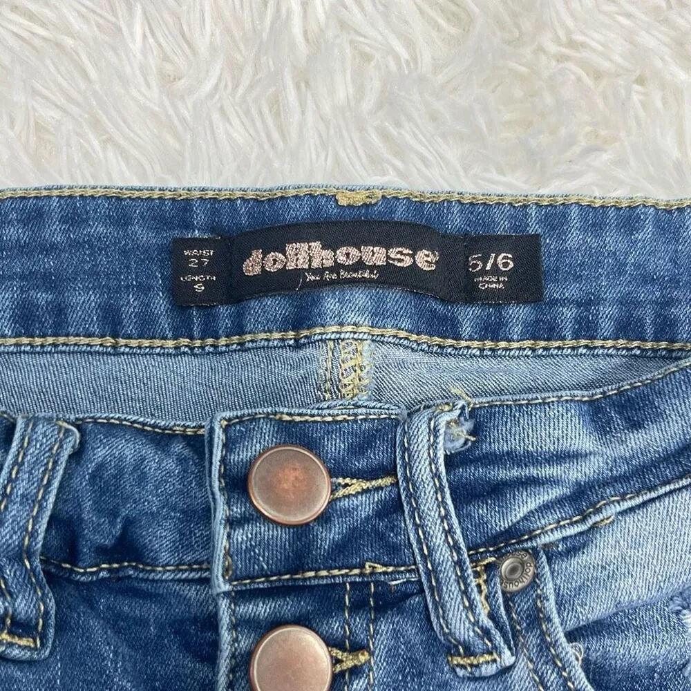 Dollhouse Long Distressed Denim Shorts Size 5 / 6 Juniors Jean Blue Button Fly - Image 4