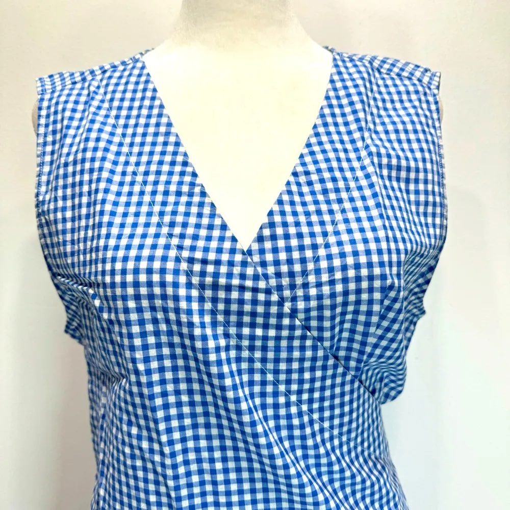 Blue & White Gingham Crossover Front Sleeveless Tie Back Top M - Image 4