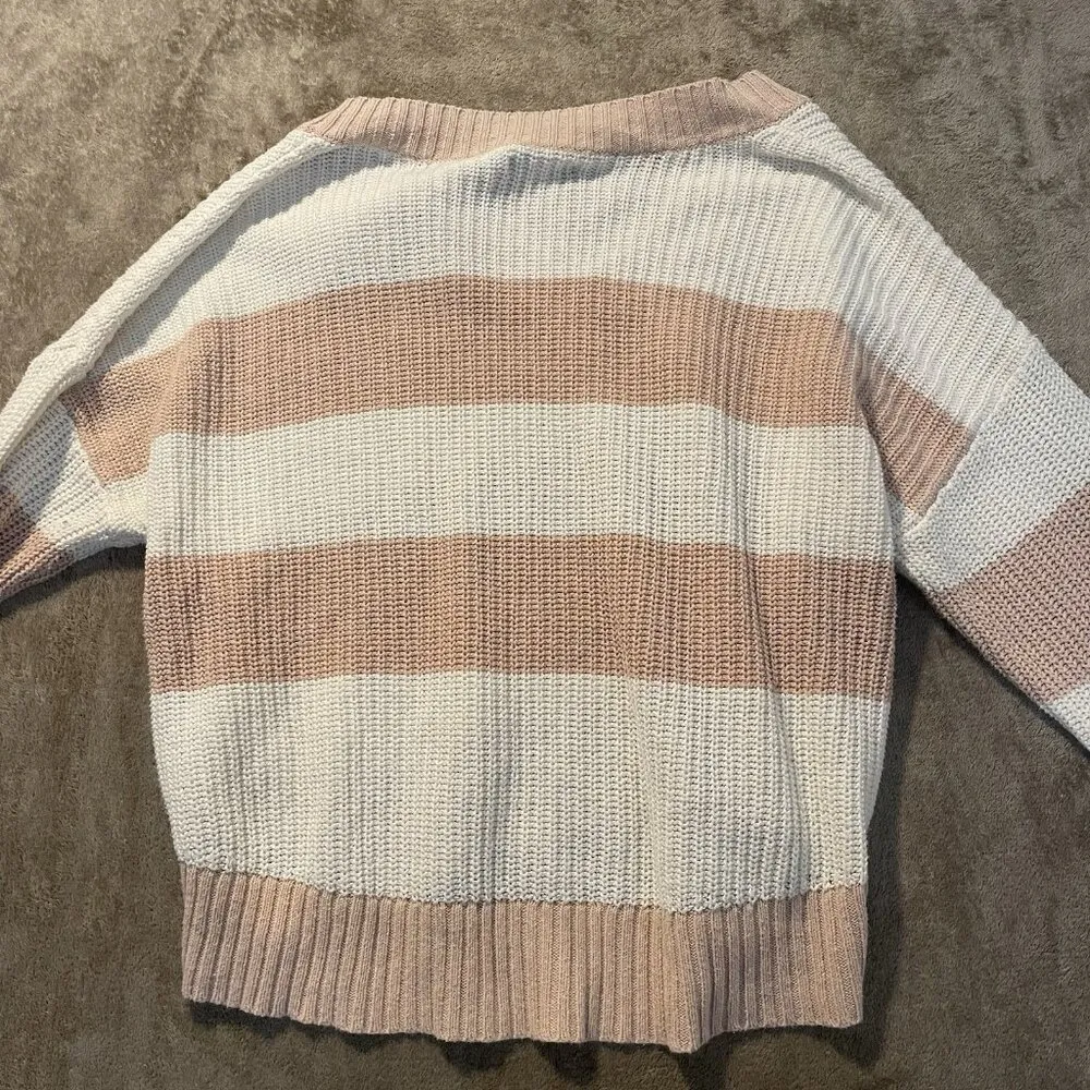 American Eagle Shirt Womens M Pink & Cream Striped V-Neck Sweater Knit Tunic - Image 5