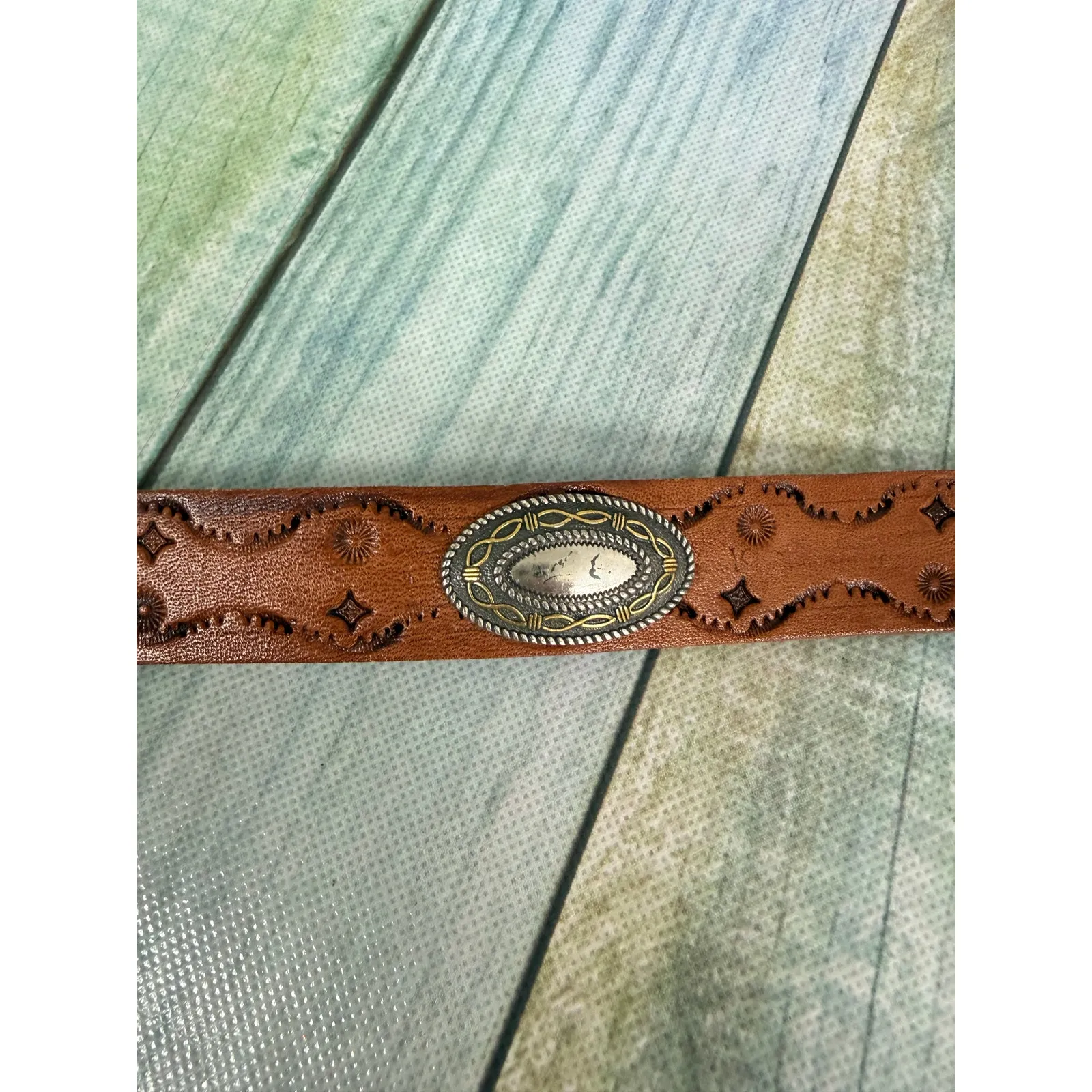 Vintage Western Belt Leather Silver Concho Michelle Custom Name Silver Buckle Brown - Image 3