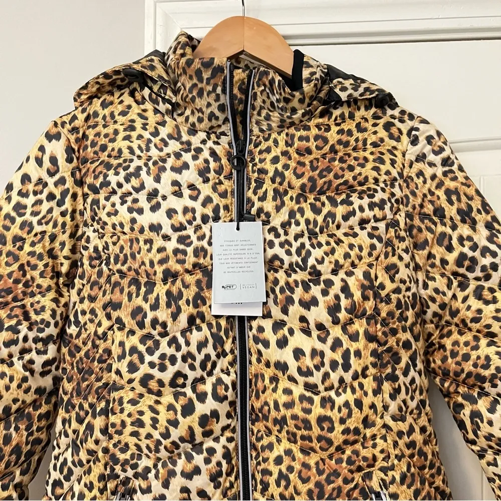 NWT Noize Vegan Claire Mid Length Puffer Coat Citrine Cheetah Size XS - Image 7