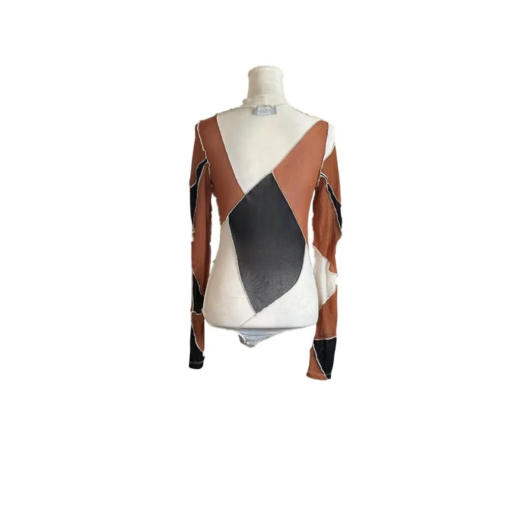 Akira Patchwork Long Sleeve Sheer Bodysuit Stretchy Top Abstract Design Size S - Image 6