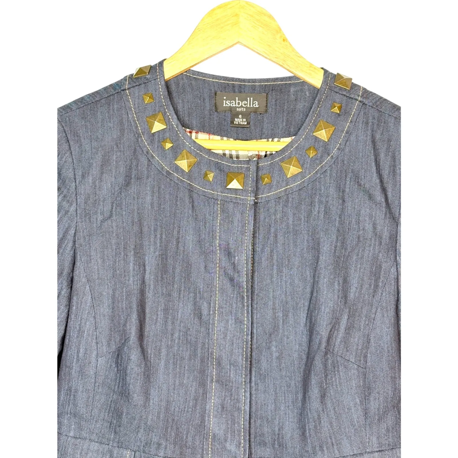 Isabella Suits Denim Studded Collar Trench Coat Jacket 3/4 Sleeve Women Size 6 Blue - Image 4