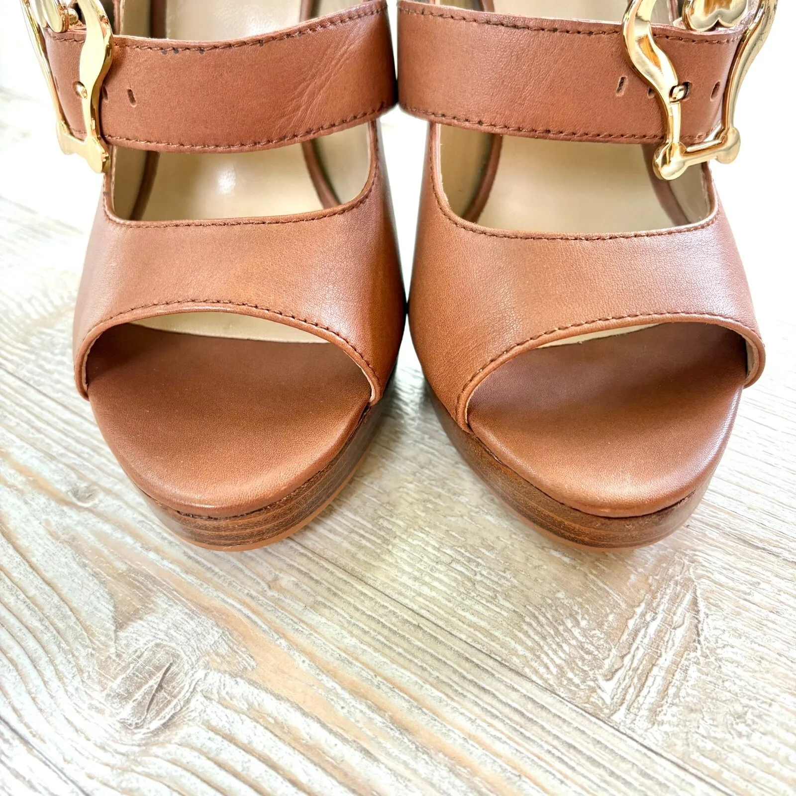 Love Moschino Leather Peep Toe Stacked‎ Heel Mary Jane Pumps | Brown 39 - Image 6