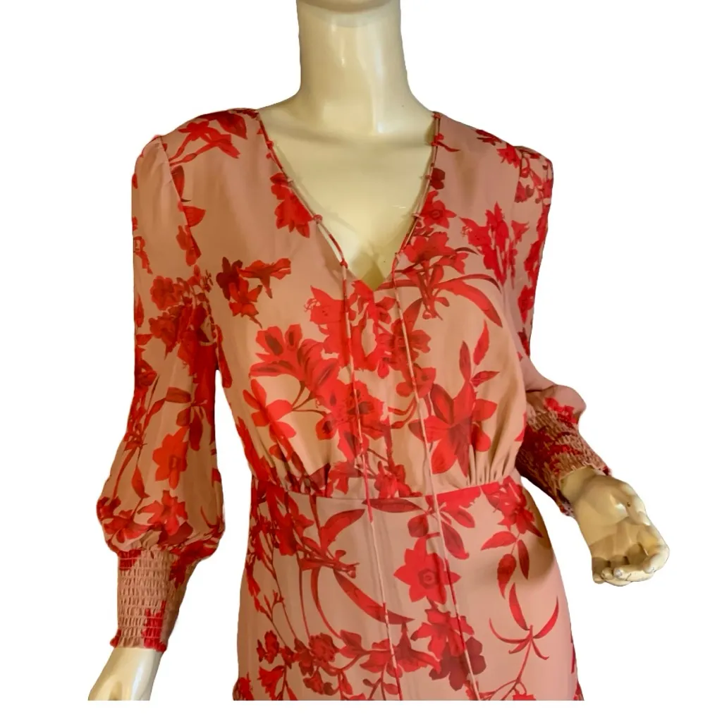 SAM EDELMAN RED & TAN FLORAL PRINT CHIFFON MAXI DRESS NWT (6) - Image 8