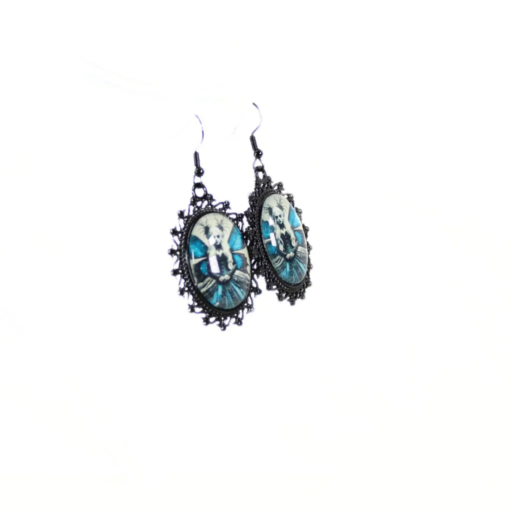 Black Metal Gothic "Moonlit Reverie" Gothic Fairy Cameo Filigree Earrings - Image 3
