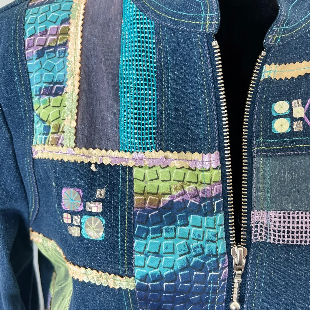 Vintage Jean demim jacket 90’s Patchwork by city girl Blue Size L - Image 4