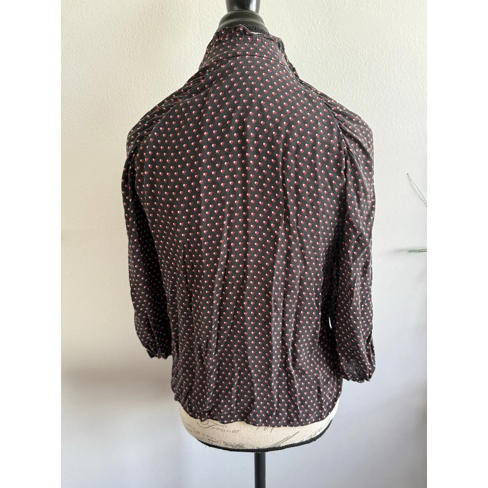 Frame Black Silk Heart Print Grace Ruffle Trim Puffed 3/4  Sleeves Size M - Image 3