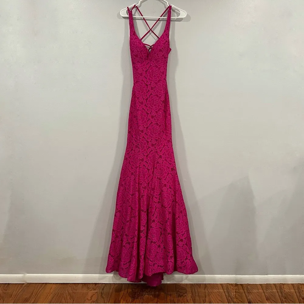 La Femme 27623 Hot Pink Strappy Back Lace Gown 2 - Image 3