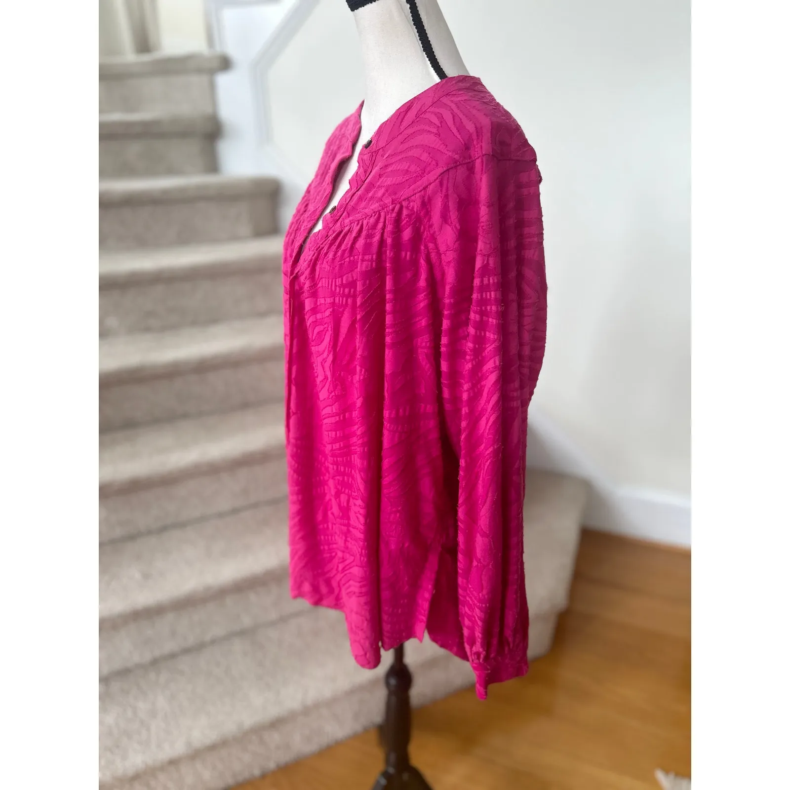 Free People Hot Pink Floral Print Blouson Sleeve Oversize Long Sleeve Blouse - Image 4