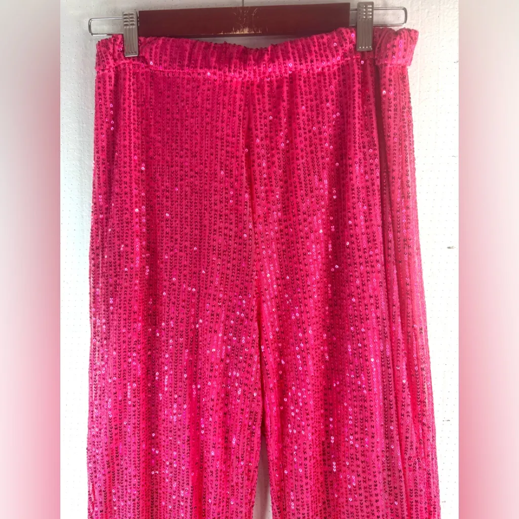Beautiful L Barbie Look Vibrant Pink Sequins Wide Leg Stretch Pants Size L - Image 3