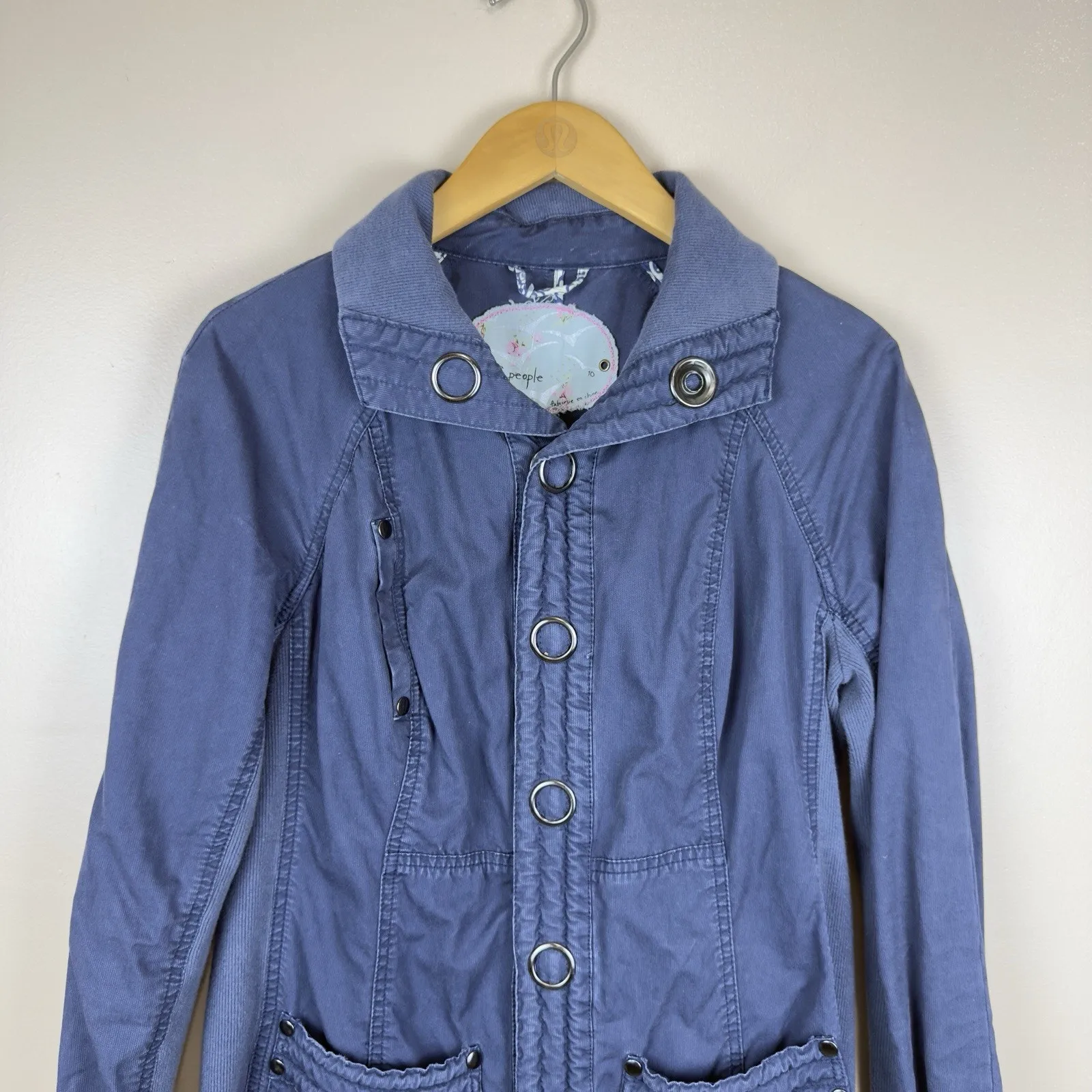 Free People Women’s Blue Military Utility Jacket Coat Long Mock Neck Boho Sz 10 - Image 2