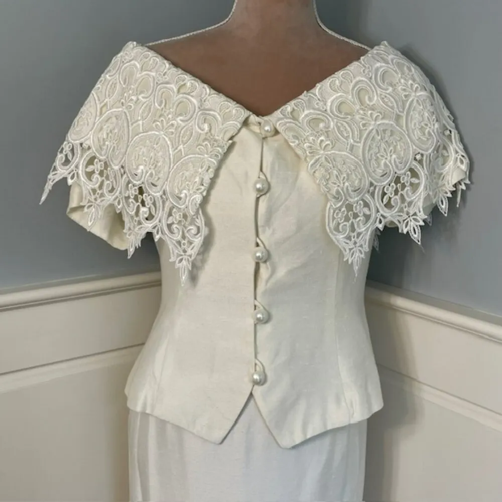 Jessica McClintock Vintage 90’s Ivory Lace Pearl Skirt Suit Bridal Shower Medium - Image 2