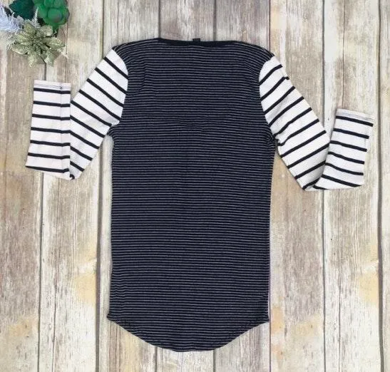 Striped Thermal Henley scoop neck 3/4 Sleeve Tee Shirt  - Image 3