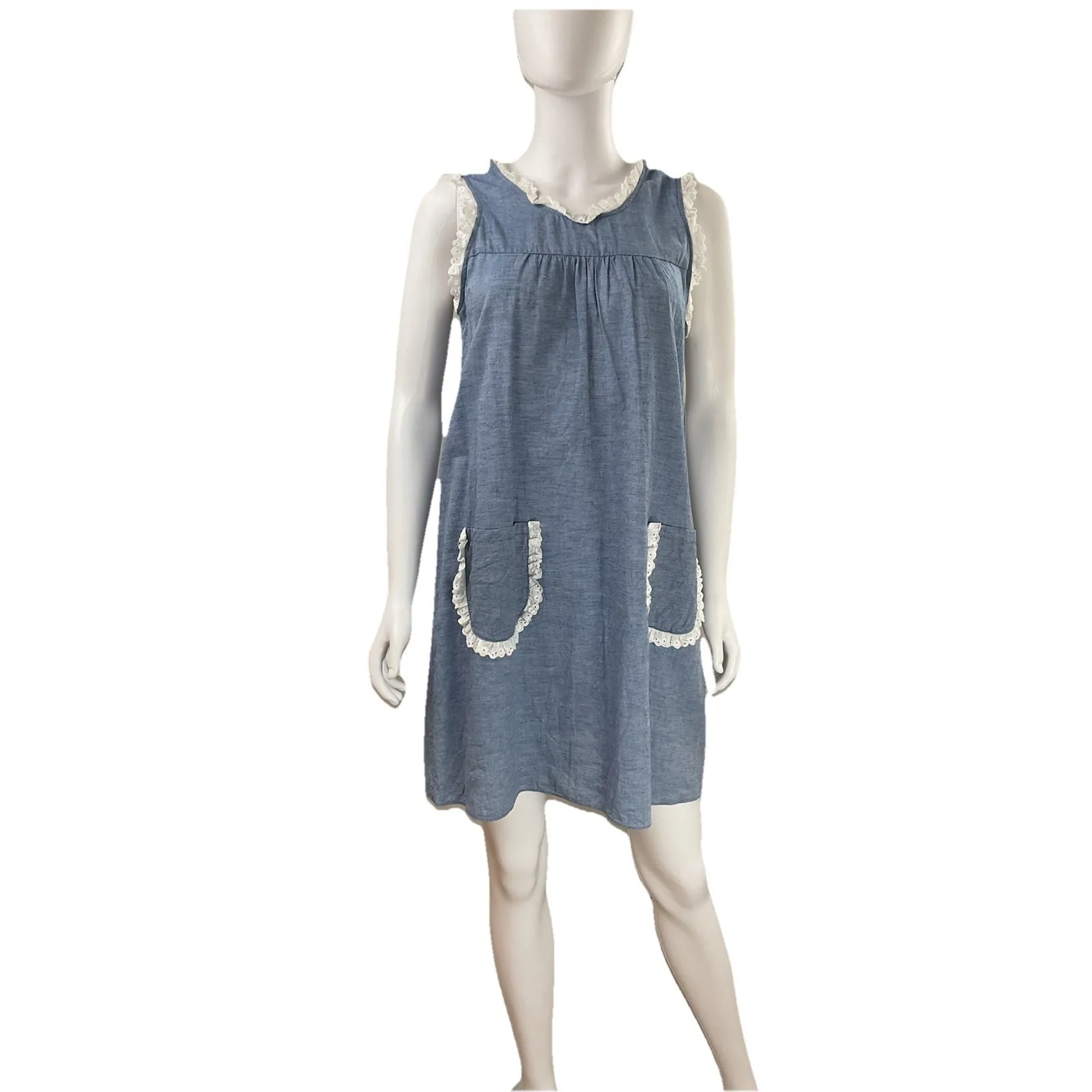 Tuckernuck Chambray Lotte Blue Dress Lace Trim S pockets cottagecore cover-up - Image 4