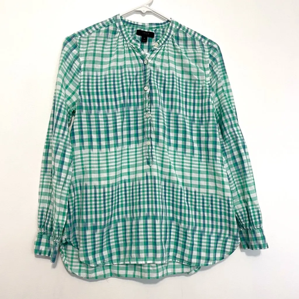 J. CREW Gingham Ikat Popover Shirt Green White Blue Long Sleeve Cotton Preppy 4 - Image 2