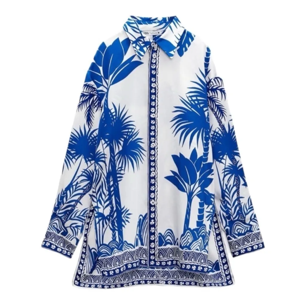 ZARA White Blue Tropical Print Long Sleeve Button Up Oversized Top Medium - Image 4