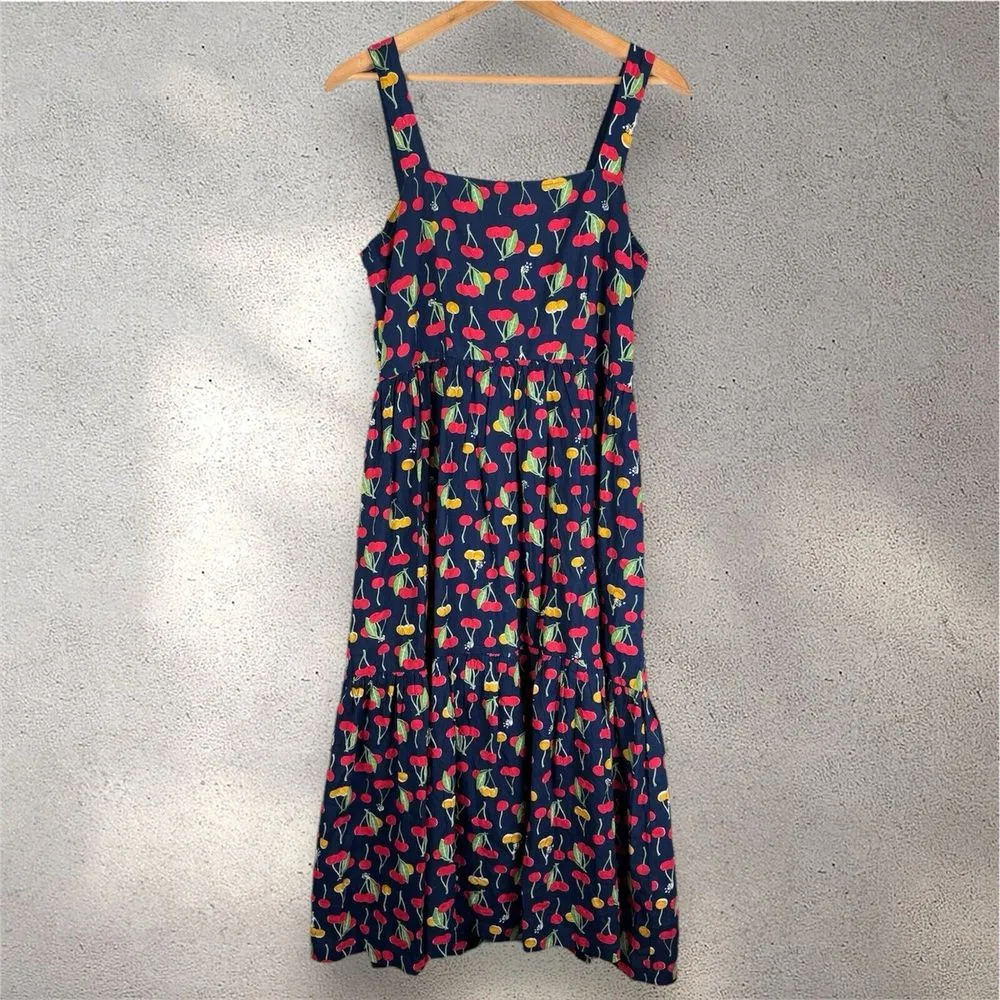 Pink‎ Chicken Sierra Dress Blue Cherries Cherry Poplin Tiered Midi Sz L Size L - Image 3