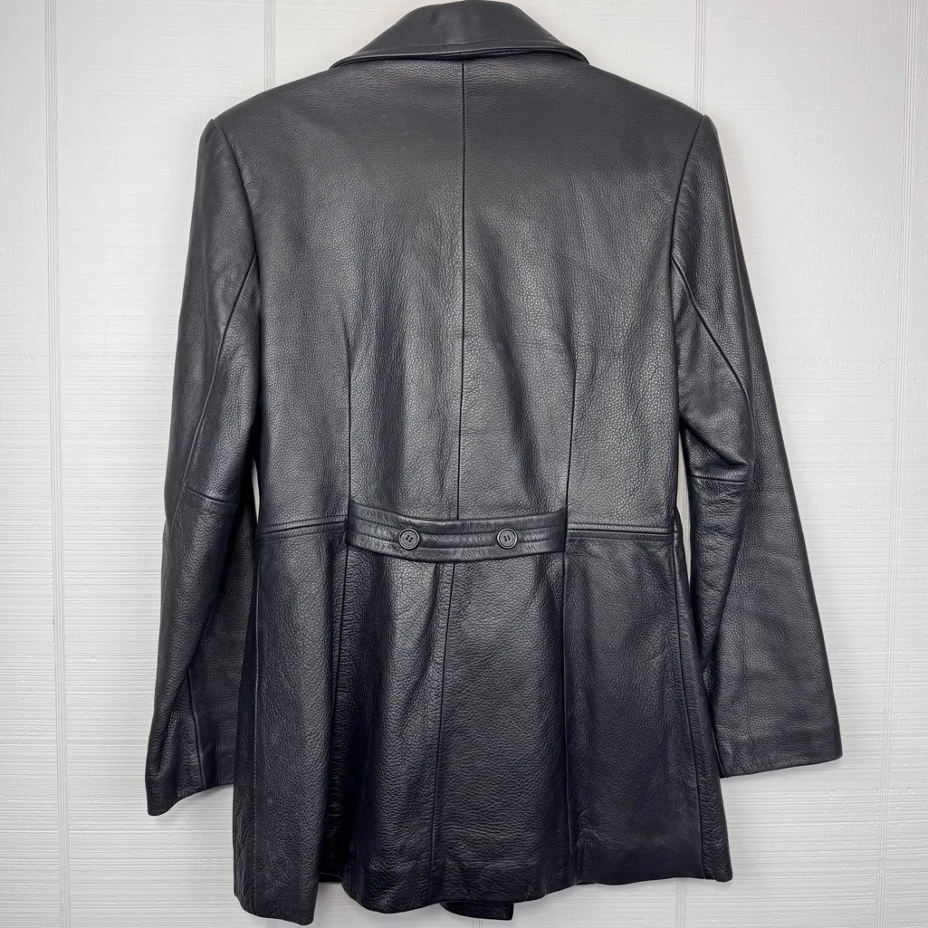 Jones New York Black Pebbled Leather Jacket Coat Double Breasted Size M - Image 3