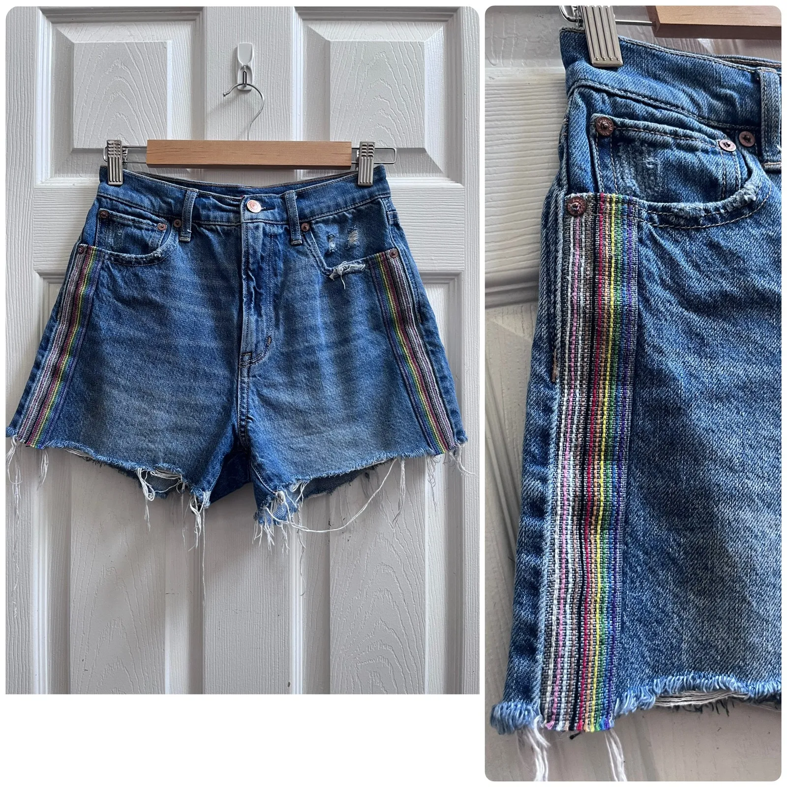 American Eagle Cotton Highest Rise 90s Boyfriend Jean Shorts Size 2 Pride Stripe Blue - Image 11