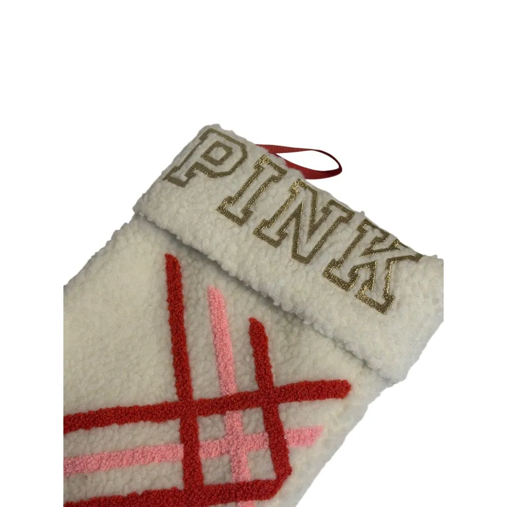 Victoria's Secret PINK Holiday Stocking White Red Pink Striped Gold Logo Bootie - Image 5