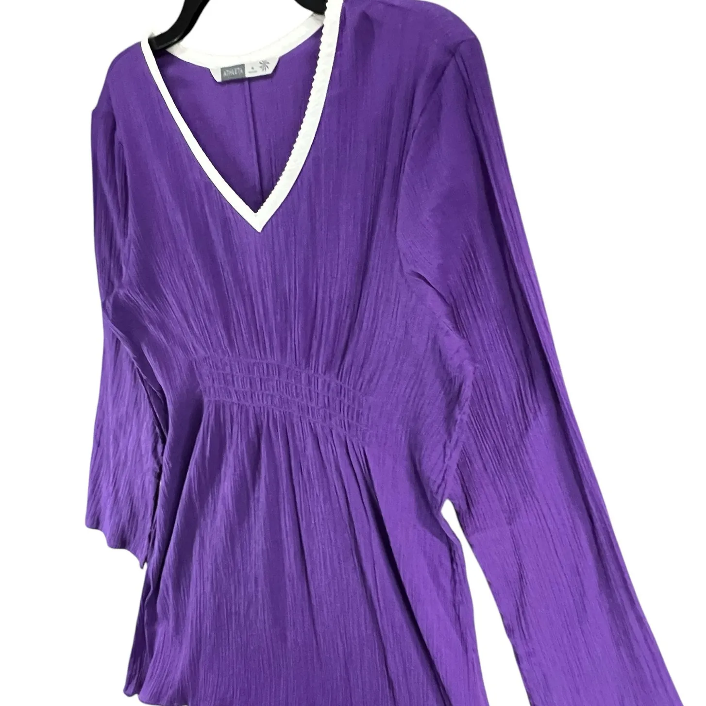 Athleta Cover Up Dress Womens M Purple Gauze Cotton Smocked Beach Resort Swim - Image 2